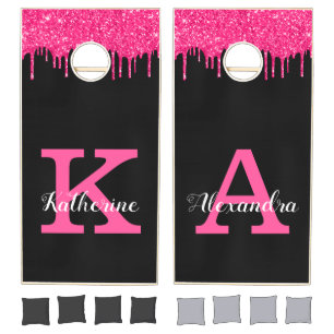 Girly Black Hot Pink Glitter Drips Monogram Name Cornhole Set