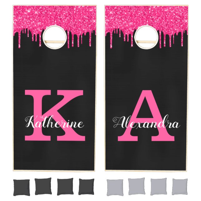 Girly Black Hot Pink Glitter Drips Monogram Name Cornhole Set (Set)