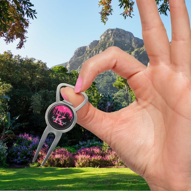 Girly Black Hot Pink Glitter Drips Monogram Name Divot Tool (Creator Uploaded)