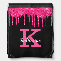 Girly Black Hot Pink Glitter Drips Monogram Name Drawstring Bag