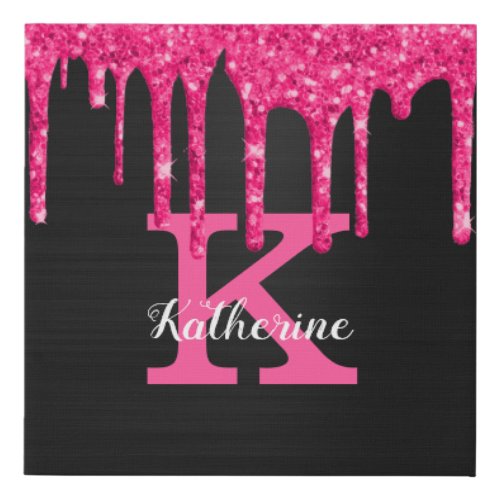 Girly Black Hot Pink Glitter Drips Monogram Name Faux Canvas Print