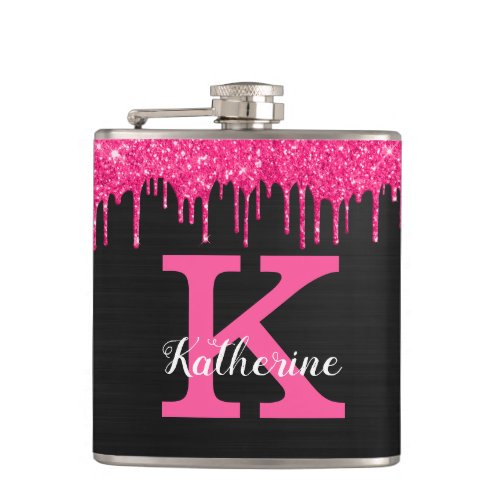 Girly Black Hot Pink Glitter Drips Monogram Name Flask