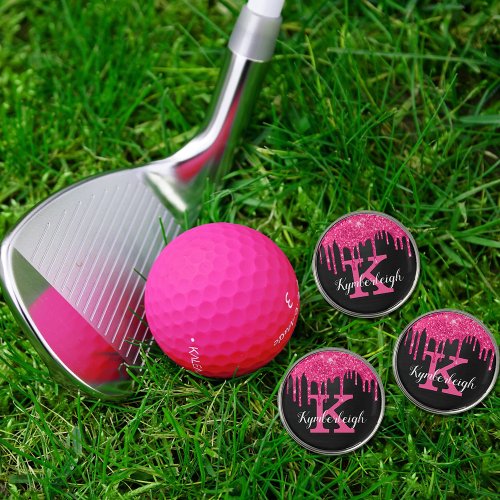 Girly Black Hot Pink Glitter Drips Monogram Name Golf Ball Marker