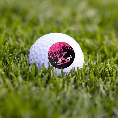 Girly Black Hot Pink Glitter Drips Monogram Name Golf Balls