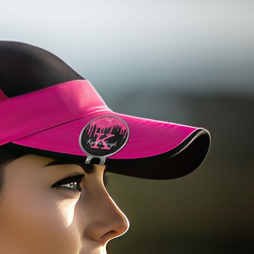 Girly Black Hot Pink Glitter Drips Monogram Name Golf Hat Clip