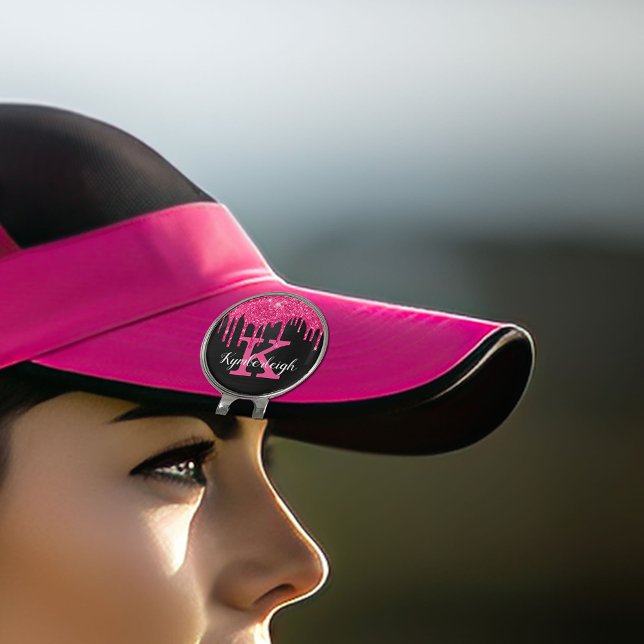Girly Black Hot Pink Glitter Drips Monogram Name Golf Hat Clip (Creator Uploaded)