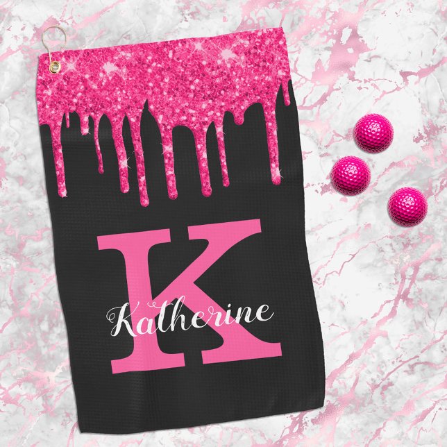 Girly Black Hot Pink Glitter Drips Monogram Name Golf Towel (Creator Uploaded)