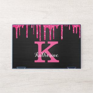 Girly Black Hot Pink Glitter Drips Monogram Name HP Laptop Skin