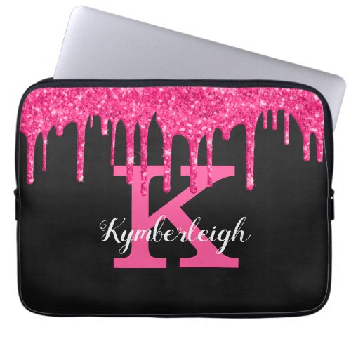 Girly Black Hot Pink Glitter Drips Monogram Name Laptop Sleeve
