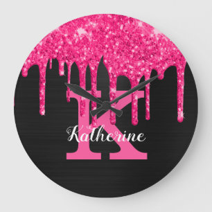 Girly Black Hot Pink Glitter Drips Monogram Name Large Clock