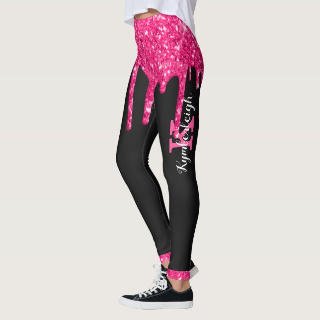 Girly Black Hot Pink Glitter Drips Monogram Name Leggings (Left)