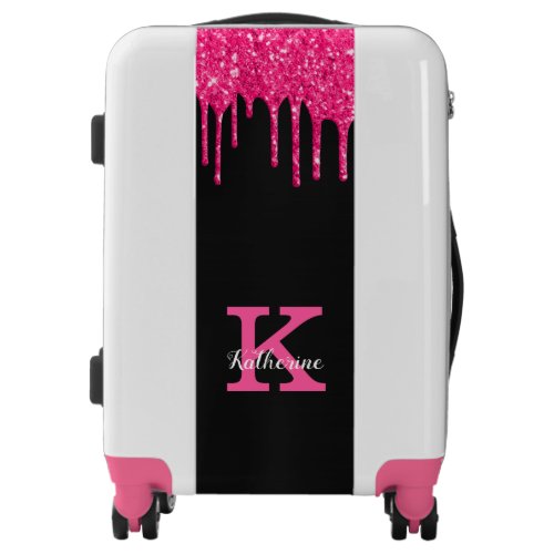 Girly Black Hot Pink Glitter Drips Monogram Name Luggage
