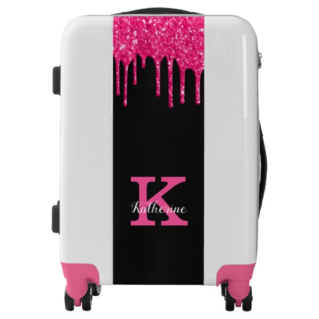 Girly Black Hot Pink Glitter Drips Monogram Name Luggage (Front)