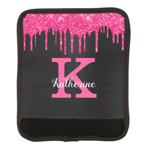 Girly Black Hot Pink Glitter Drips Monogram Name Luggage Handle Wrap