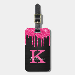 Girly Black Hot Pink Glitter Drips Monogram Name Luggage Tag