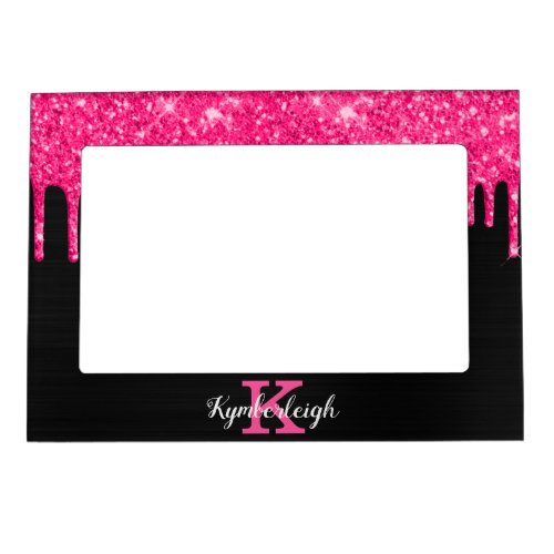 Girly Black Hot Pink Glitter Drips Monogram Name Magnetic Frame