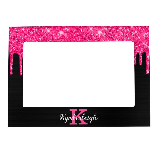 Girly Black Hot Pink Glitter Drips Monogram Name Magnetic Frame (Front)