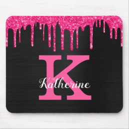 Girly Black Hot Pink Glitter Drips Monogram Name Mouse Pad