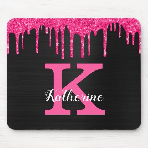 Girly Black Hot Pink Glitter Drips Monogram Name Mouse Pad