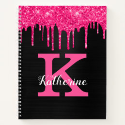 Girly Black Hot Pink Glitter Drips Monogram Name Notebook