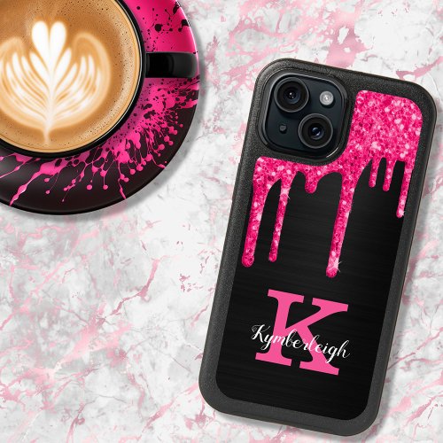 Girly Black Hot Pink Glitter Drips Monogram Name iPhone 15 Case
