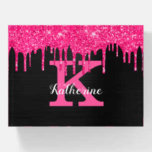 Girly Black Hot Pink Glitter Drips Monogram Name Paperweight