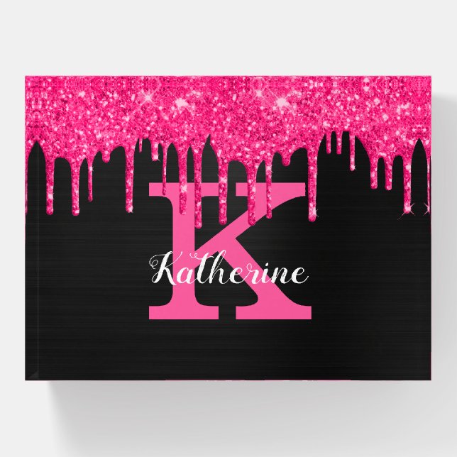 Girly Black Hot Pink Glitter Drips Monogram Name Paperweight (Front)