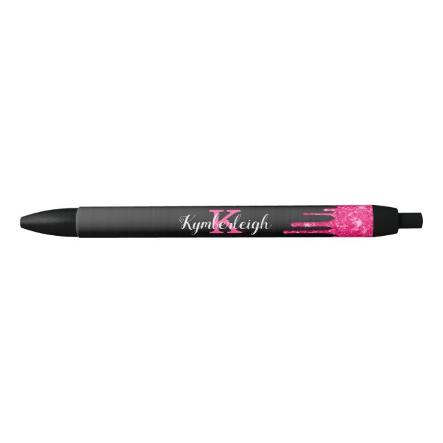 Girly Black Hot Pink Glitter Drips Monogram Name Pen (Front)
