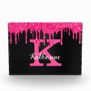 Girly Black Hot Pink Glitter Drips Monogram Name Photo Block