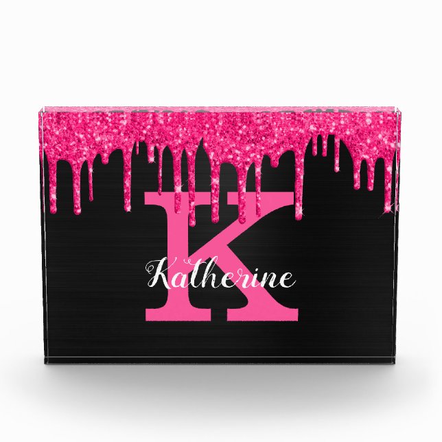 Girly Black Hot Pink Glitter Drips Monogram Name Photo Block (Front)