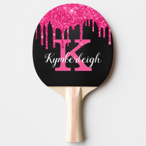 Girly Black Hot Pink Glitter Drips Monogram Name Ping Pong Paddle