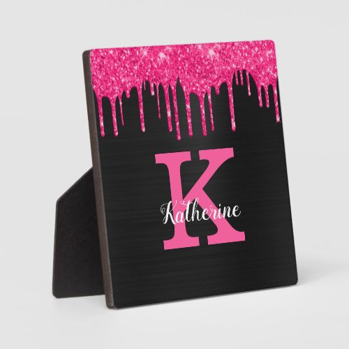 Girly Black Hot Pink Glitter Drips Monogram Name Plaque