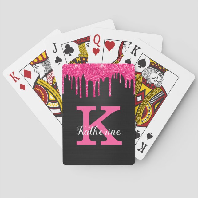 Girly Black Hot Pink Glitter Drips Monogram Name Poker Cards (Back)