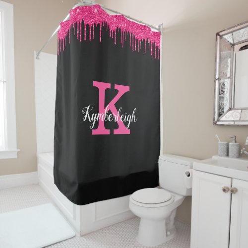 Girly Black Hot Pink Glitter Drips Monogram Name Shower Curtain