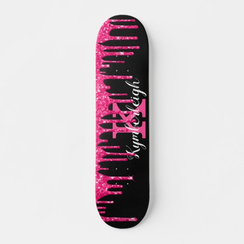 Girly Black Hot Pink Glitter Drips Monogram Name Skateboard