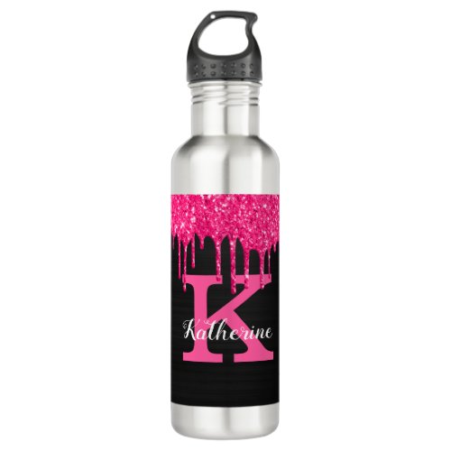 Girly Black Hot Pink Glitter Drips Monogram Name Stainless Steel Water Bottle