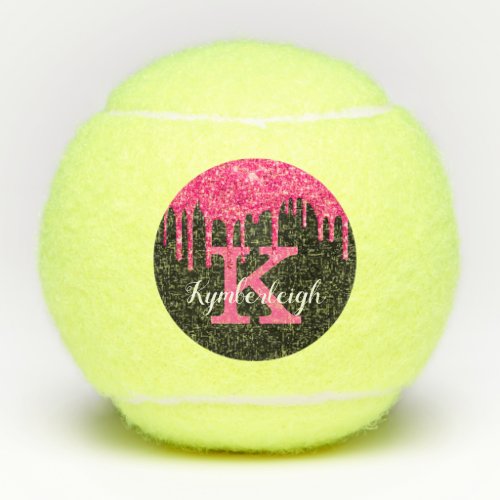 Girly Black Hot Pink Glitter Drips Monogram Name Tennis Balls
