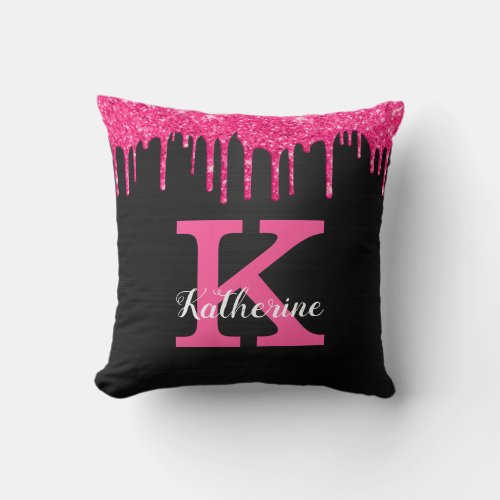 Girly Black Hot Pink Glitter Drips Monogram Name Throw Pillow