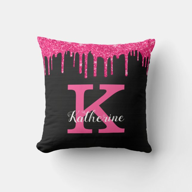 Girly Black Hot Pink Glitter Drips Monogram Name Throw Pillow (Front)