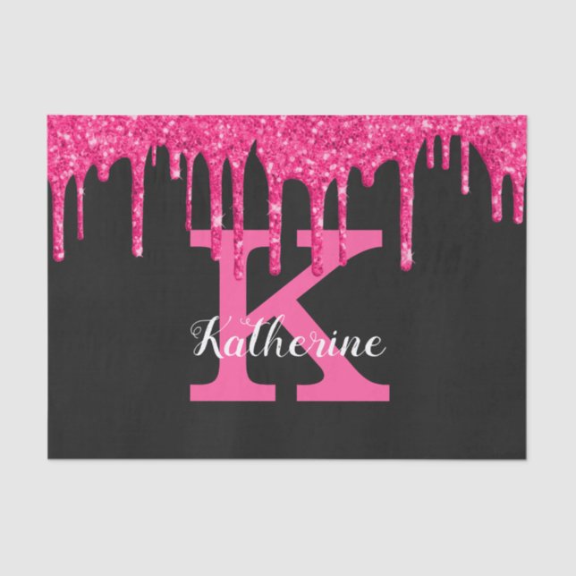 Girly Black Hot Pink Glitter Drips Monogram Name Tissue Paper (Front)