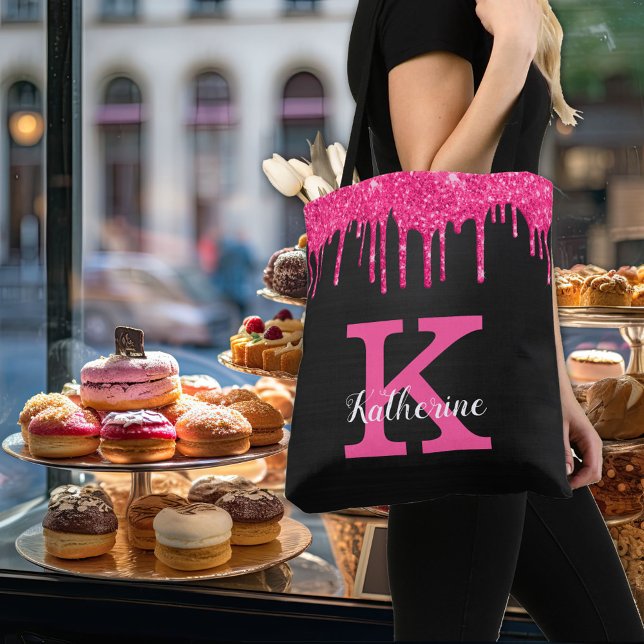 Girly Black Hot Pink Glitter Drips Monogram Name Tote Bag (Creator Uploaded)