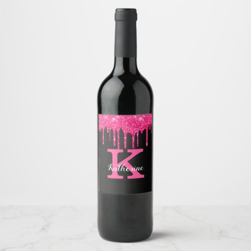 Girly Black Hot Pink Glitter Drips Monogram Name Wine Label
