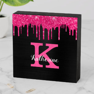 Girly Black Hot Pink Glitter Drips Monogram Name Wooden Box Sign