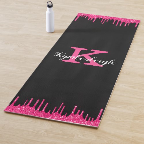 Girly Black Hot Pink Glitter Drips Monogram Name Yoga Mat