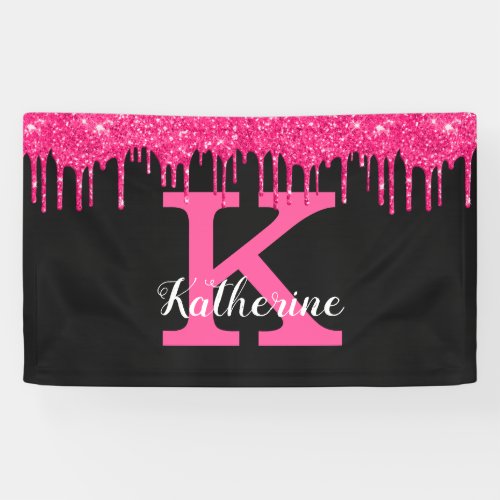 Girly Black Hot Pink Glitter Drips Monogram Party Banner