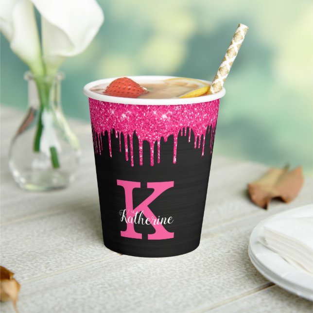 Girly Black Hot Pink Glitter Drips Monogram Party Paper Cups (Insitu)