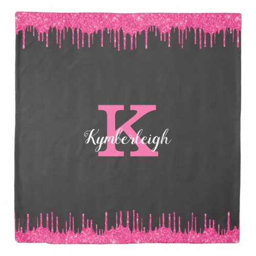 Girly Black Hot Pink Glitter Drips Monogram Queen Duvet Cover