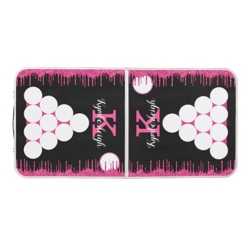 Girly Black Hot Pink Glitter Drips Monogram Small Beer Pong Table