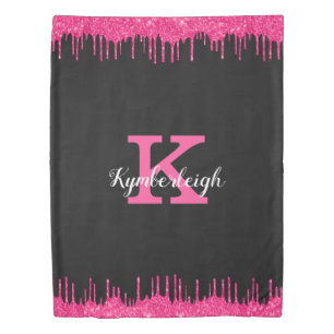 Girly Black Hot Pink Glitter Drips Monogram Twin Duvet Cover