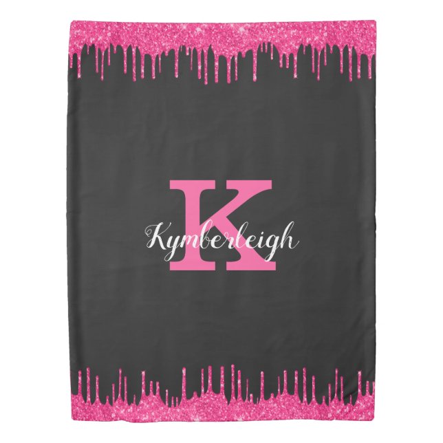 Girly Black Hot Pink Glitter Drips Monogram Twin Duvet Cover (Front)
